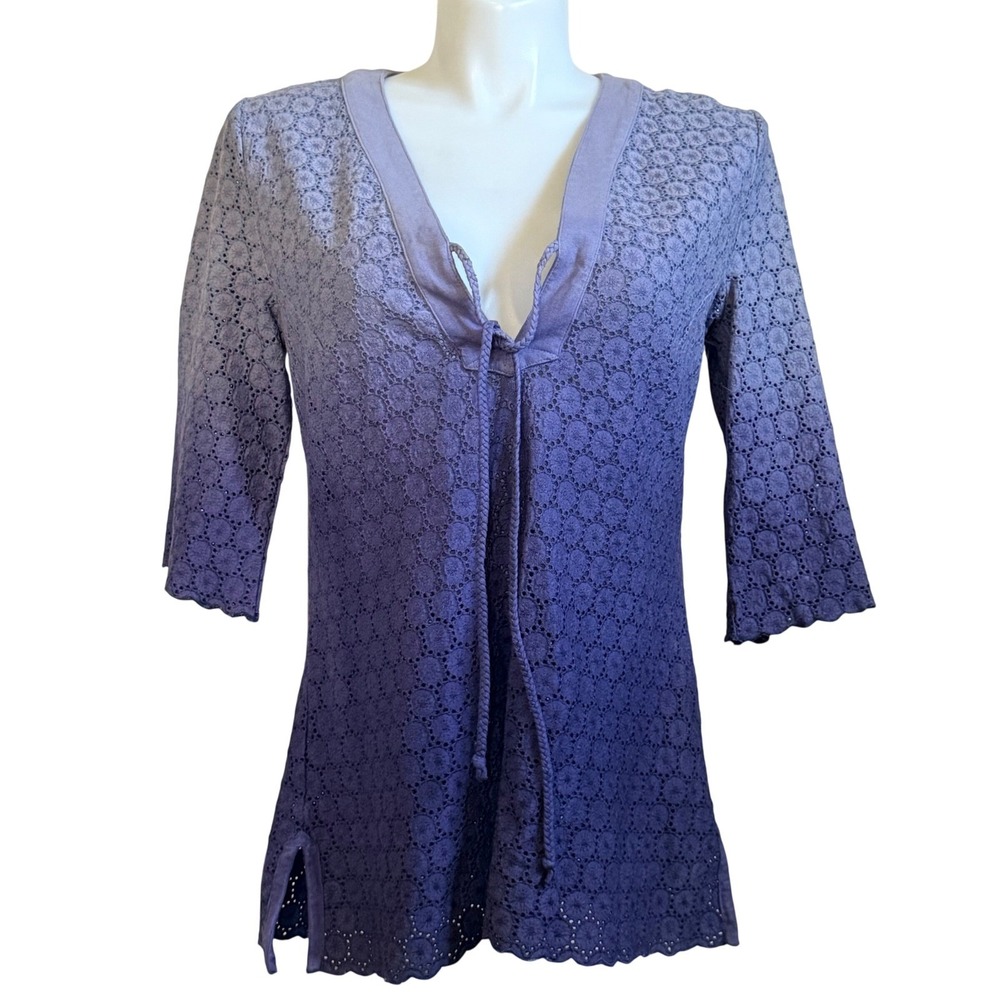 Athleta Purple Ombre Eyelet Cotton Tunic Top Tie Front 3/4 Sleeve Large 739049